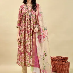 Anouk Floral Printed Sweetheart Neck Calf Length Empire Kurta with Trouser & Dupatta-30