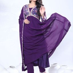 Pionex Floral Printed Zari Embroidered Empire Kurta With Trousers And Dupatta-image-25