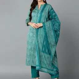 KALINI Geometric Printed Straight Kurta With Trousers & Dupatta-9