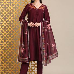 Anouk Maroon Floral Embroidered V-Neck Straight Kurta With Trousers And Dupatta-41