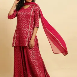 W Festive Striped Print Rayon Kurta With Flared Pant & Dupatta image 1