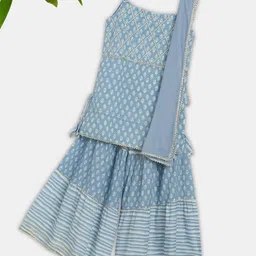 Ka-mee Girls Blue Ethnic Motifs Printed Pure Cotton Kurti with Palazzos & Dupatta-picture-39
