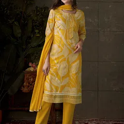 Anouk Floral Printed Beads & Stones Pure Cotton Straight Kurta With Trousers & Dupatta-9