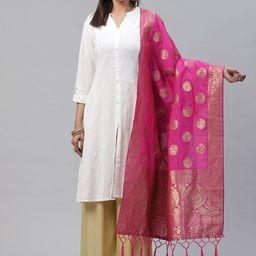 flaher Pink & Golden Woven Design Banarasi Dupatta-19