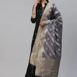 flaher Grey & Golden Woven Design Banarasi Silk Dupatta-47