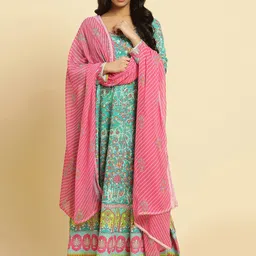 W Green Floral Printed Anarkali Thread Work Kurta With Leggings And Dupatta-image-74