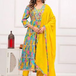 KALINI Floral Embroidered Mirror Work Anarkali Kurta With Trousers & Dupatta-picture-18