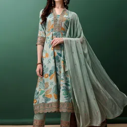 KALINI Floral Printed V-Neck Thread Work A-Line Kurta with Trousers & With Dupatta-18