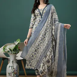 KALINI Floral Printed Pure Cotton Anarkali Kurta With Trousers & Dupatta-13