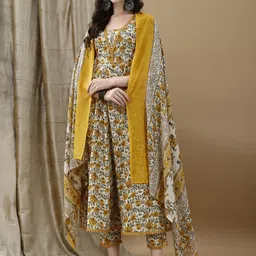 KALINI Floral Printed Pure Cotton Anarkali Kurta With Trousers & Dupatta-picture-12