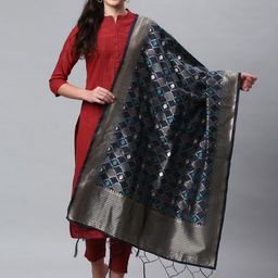 Lilots Navy Blue & Silver-Toned Ethnic Motifs Woven Design Dupatta-39
