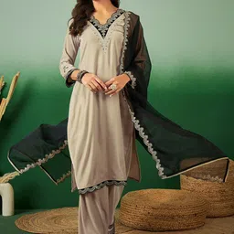 Sangria Ethnic Motifs Embroidered Sequined Velvet Kurta & Palazzos With Dupatta-picture-26