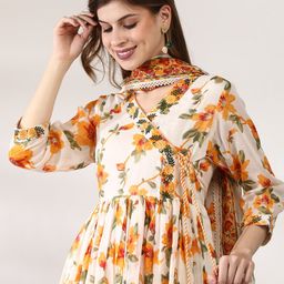 Anouk  Floral Printed Angrakha Pure Cotton Straight Kurta with Trousers & Dupatta-47