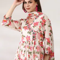 Anouk Floral Embroidered Angrakha Thread Work Pure Cotton Kurta with Trousers & Dupatta-43