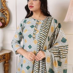 KALINI Geometric Printed Straight Kurta With Trouser & Dupatta image 2