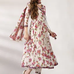 Anouk Floral Printed V-Neck Angrakha Thread Work Pure Cotton Kurta with Trousers & Dupatta-picture-56