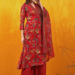 KALINI Floral Printed Pleated Kurta with Palazzos & Dupatta image 5