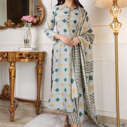 KALINI Geometric Printed Straight Kurta With Trouser & Dupatta image 3