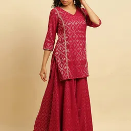 W Festive Striped Print Rayon Kurta With Flared Pant & Dupatta image 3