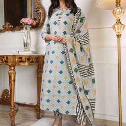 KALINI Geometric Printed Straight Kurta With Trouser & Dupatta image 4