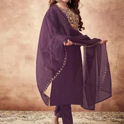 KALINI Ethnic Motifs Yoke Design Regular Thread Work Kurta with Trousers & Dupatta image 3