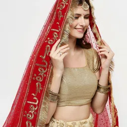 Dupatta Bazaar Red & Gold-Toned Ethnic Motifs Embroidered Dupatta with Beads and Stones image 2