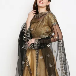 Dupatta Bazaar Black & Gold-Toned Ethnic Motifs Embroidered Dupatta with Mirror Work image 5