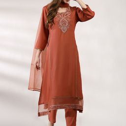 Anouk Brown Floral Embroidered Thread Work Straight Kurta With Trousers & Dupatta-picture-51
