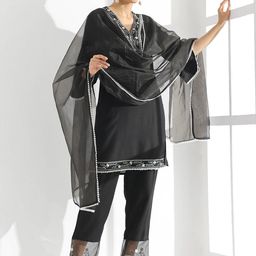 Anouk Black Ethnic Motifs Yoke Design Thread Work Kurta With Trousers & Dupatta-22