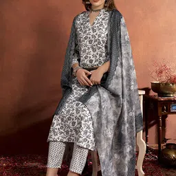Anouk Mandarin Collar Floral Printed Regular Kurta with Trousers & Dupatta image 4