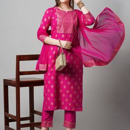 KALINI Women Pink Printed Kurta with Trousers & With Dupatta-46
