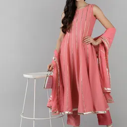 AHIKA Women Pink Panelled Gotta Patti Kurta with Trousers With Dupatta image 2