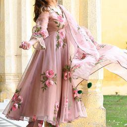 KALINI Floral Printed Regular Gotta Patti Pure Organza Kurta with Trousers & Dupatta-image-14