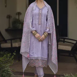 Indo Era Lavender & Pink Floral Embroidered Thread Work Linen Kurta Set-18