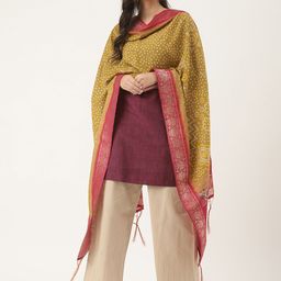 VAABA Olive Green & Magenta Printed Bandhani Dupatta with Zari Details-23
