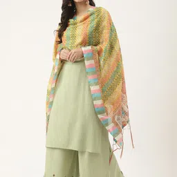 VAABA Yellow & Green Printed Dupatta-14