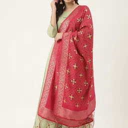 VAABA Pink Ethnic Motifs Printed Bandhani Dupatta with Zari Details-39