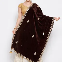 Clora Creation Coffee Brown & Gold-Toned Embroidered Velvet Dupatta-picture-55