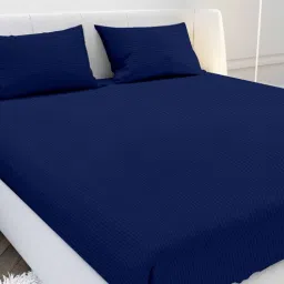 mayfair homes london Navy Blue Solid 210 TC Cotton Fitted Bedsheet with 2 Pillow Covers Satin Stripe 2024 Collection-picture-0