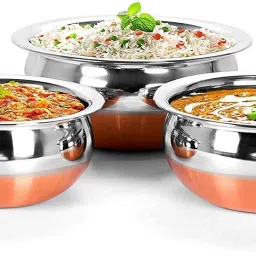 Pack of 3 Stainless Steel Cooking & Serving Copper Bottom Handi Set Biryani Pot Punjabi Handi for Home S6 Dinner Set-image-18