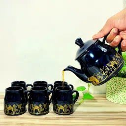 Pack of 7 Ceramic Hand Painted Tea Kettle Set with 6 Cups(150ml), 1 Kettle(400ml) colour-black-image-25