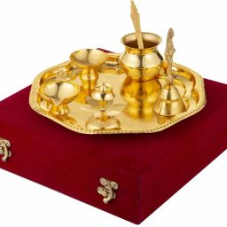 German Gold Plated Laxmi Ganesh Pooja Thali, Diya, Spoon, Bell, Agarbatti Stand, Loti and Chandan Vati with Velvet Box Packing Gold-image-83