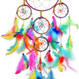 Handmade Natural Feather and Wool Dreamcatcher, 5 Rounds Wall Hanging Dream Catcher for Positive Energy and Protection (Big Size 55cm) - for Home/Office/Shop/Rooms Decorative Showpiece - 60 cm-image-99