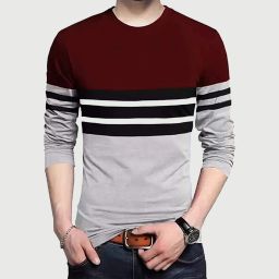 Men Striped Round Neck Cotton Blend Maroon, Grey T-Shirt-image-41