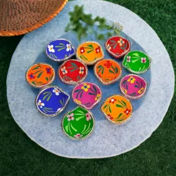 12 pice colour diya Natural Clay Traditional Diwali Ke Diye | Earthenware (Pack of 12) Table Diya Set-image-9