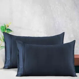 aurave Navy Blue Plain Solid 400 TC Cotton Satin Pillow Covers-picture-0