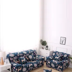 HOUSE OF QUIRK Universal Blue & Pink Printed Stretchable 3-Seater Sofa Slipcover-image-17