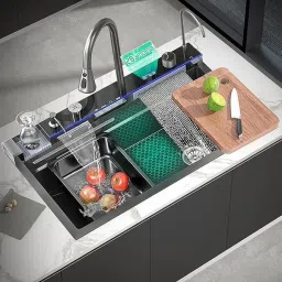 30" x 18" x 9" Fully Equipped Piano Kitchen Sink with Integrated Waterfall and Pull-down Faucets (Dual Flow) LED Pannel and Digital Display Vessel Sink-6