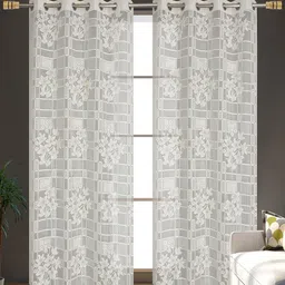 RIDHAAN Cream-Coloured Set of 2 Floral Sheer Long Door Curtain-31