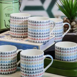 GOODHOMES Set of 6 White & Grey Floral Printed Bone China Glossy Mugs-16